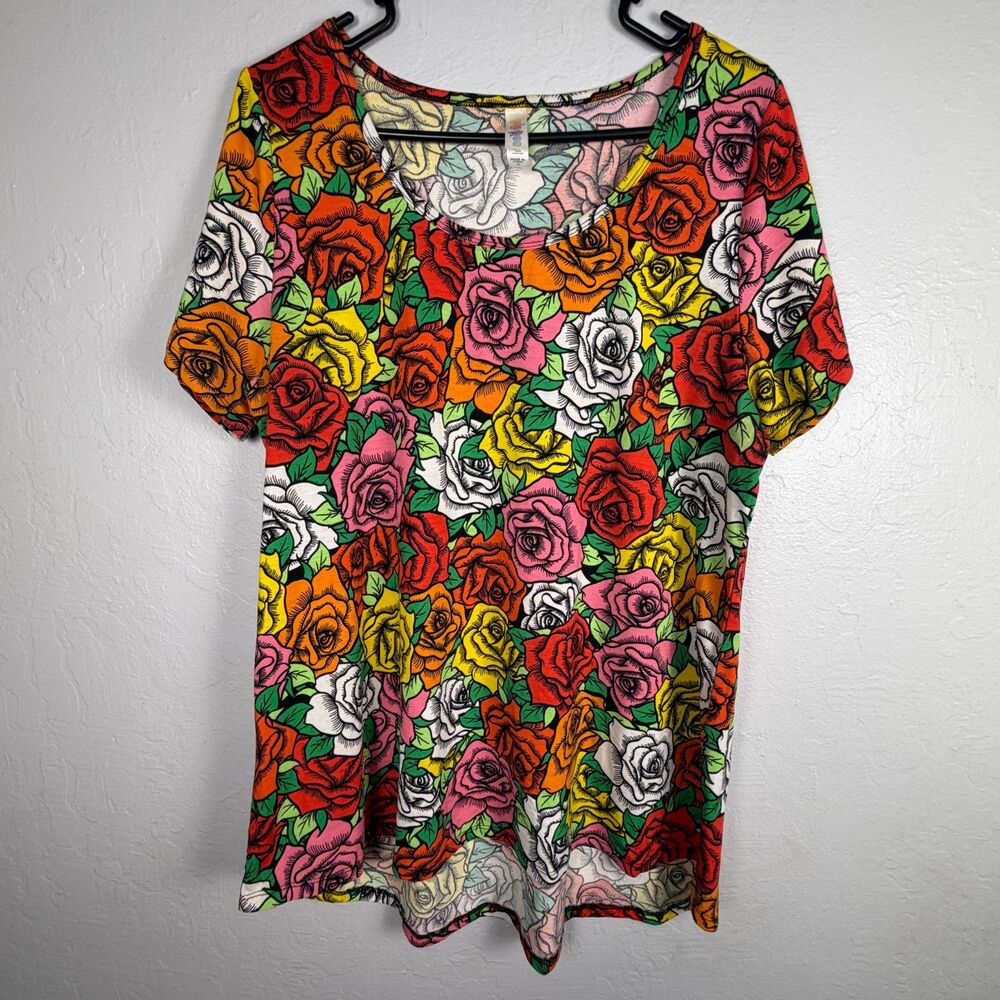 LuLaRoe Womens XL Rose Floral Tunic Top Multicolor Scoop Neck Short Sleeve